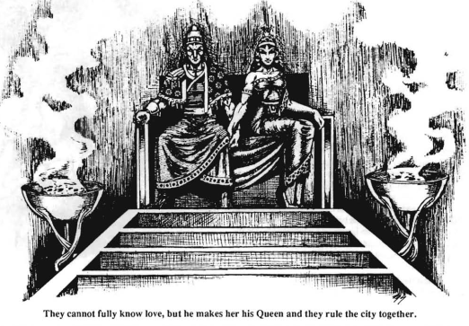 Una ilustraci&oacute;n de l&iacute;nea negra de un rey y una reina babilonios fibrosos como cables de acero, sentados en un trono con los brazos entrelazados.