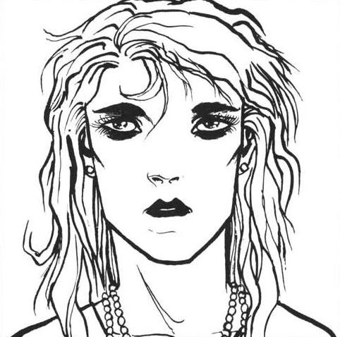 Un dibujo en blanco y negro de una se&ntilde;ora rubia con collar de perlas con cara de resaca