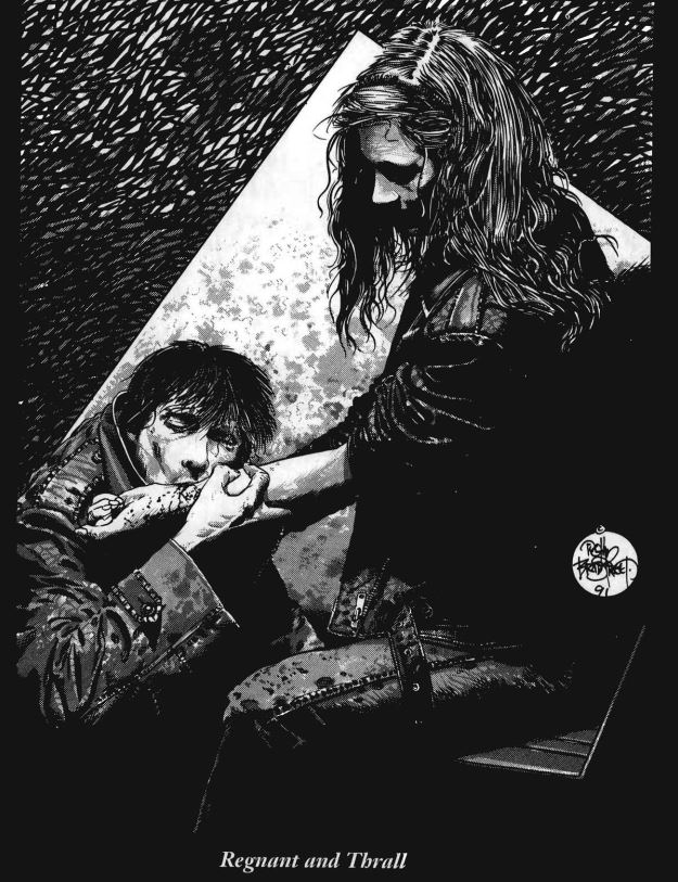 Una ilustraci&oacute;n en blanco y negro con aire de grabado en la que un hombre envuelto en sombras ofrece una mu&ntilde;eca sangrante a otro tipo que bebe con pasi&oacute;n. Abajo hay una inscripci&oacute;n que dice "Regnant and Thrall"